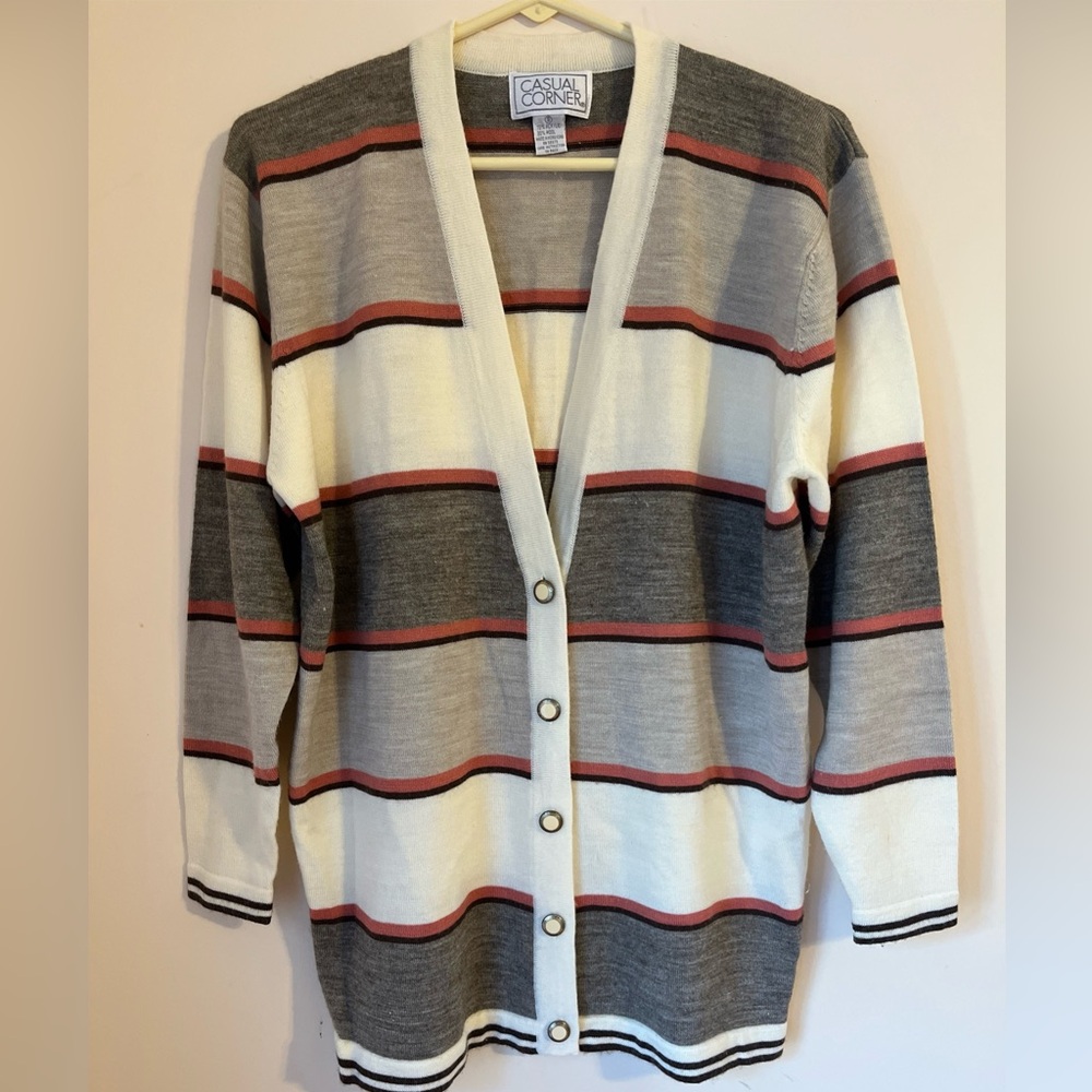 Casual Corner Women's Striped Cardigan Sweater - Ivory, Melon, Brown